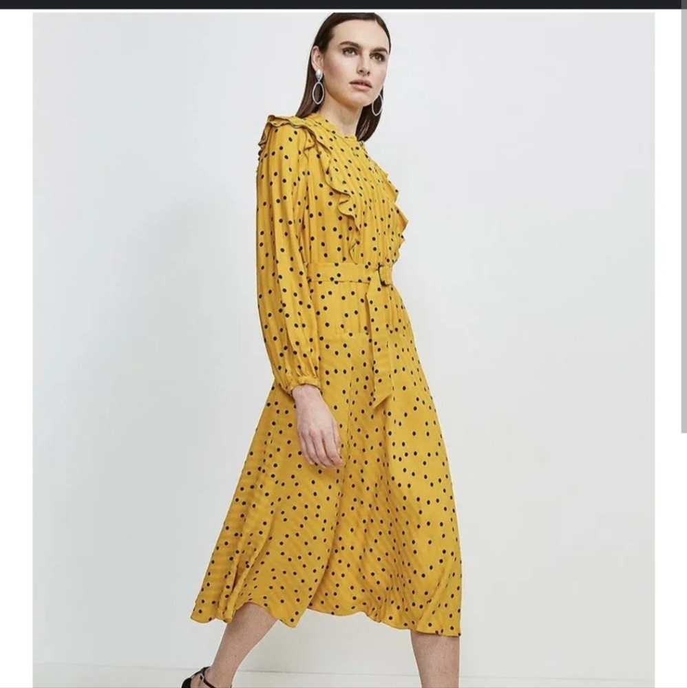 Karen Millen Mustard Gold Black Scattered Dots Ruffle Midi Dress NEW